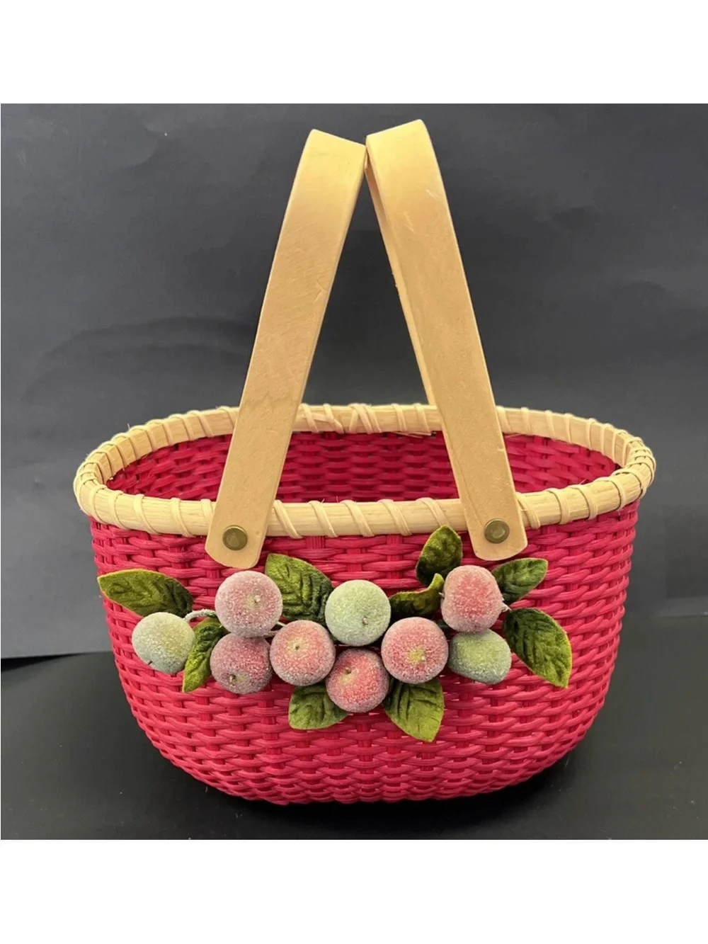 Vintage Red Woven Peterboro Oval Basket With Sugared Fruit & Double Handles 10”